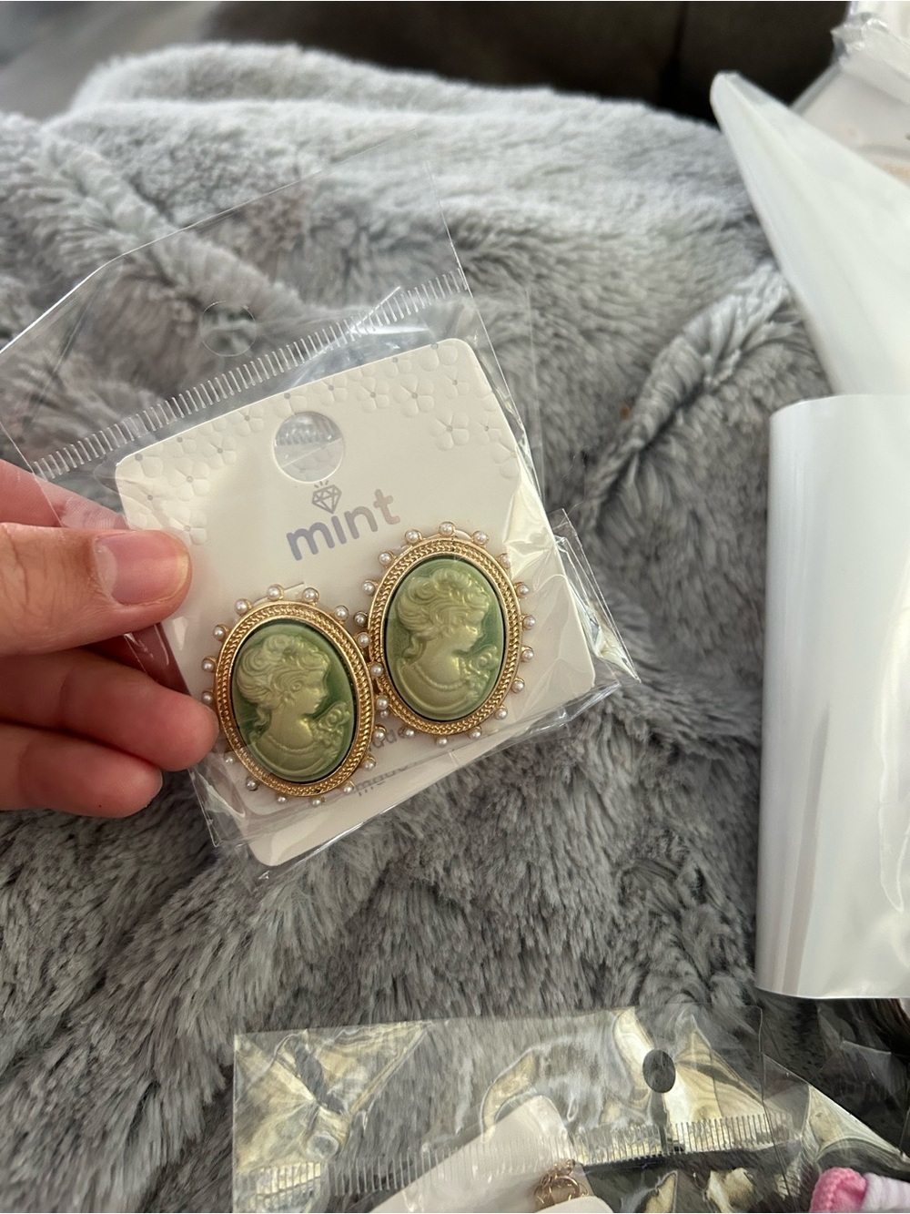 5/$25 Mint Gold-Trimmed Mint Green Cameo Earrings